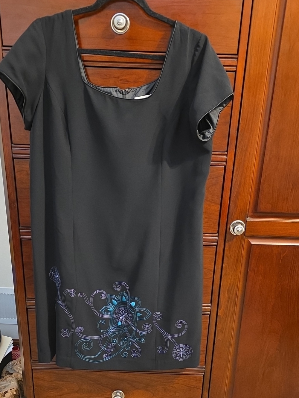 Black Midi Dress with Blue-Purple Floral Embroidery